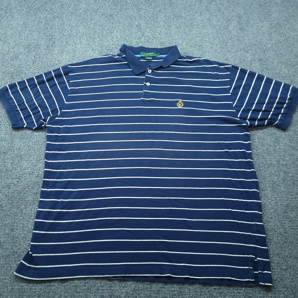 Lauren Ralph Lauren Mens XL Polo Shirt Navy Blue White Striped Crest Logo Cotton